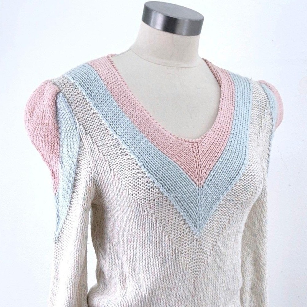 Vintage 80s Nannell Pastel Chevron Puff Shoulder V Neck Sweater Medium